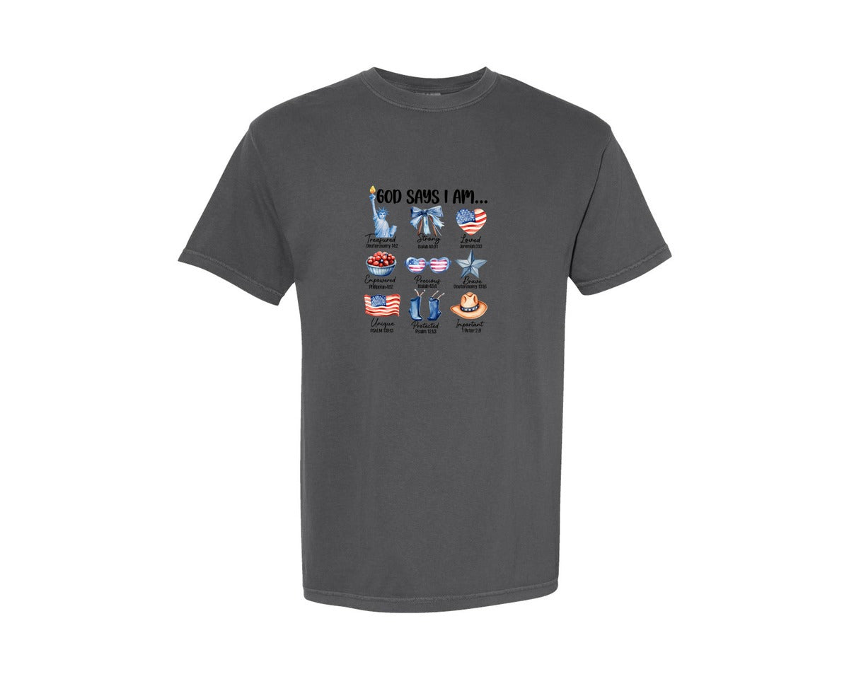 brand:Comfort Colors|color:Pepper|God Says I Am Patriotic Bible Verse Graphic T-Shirt