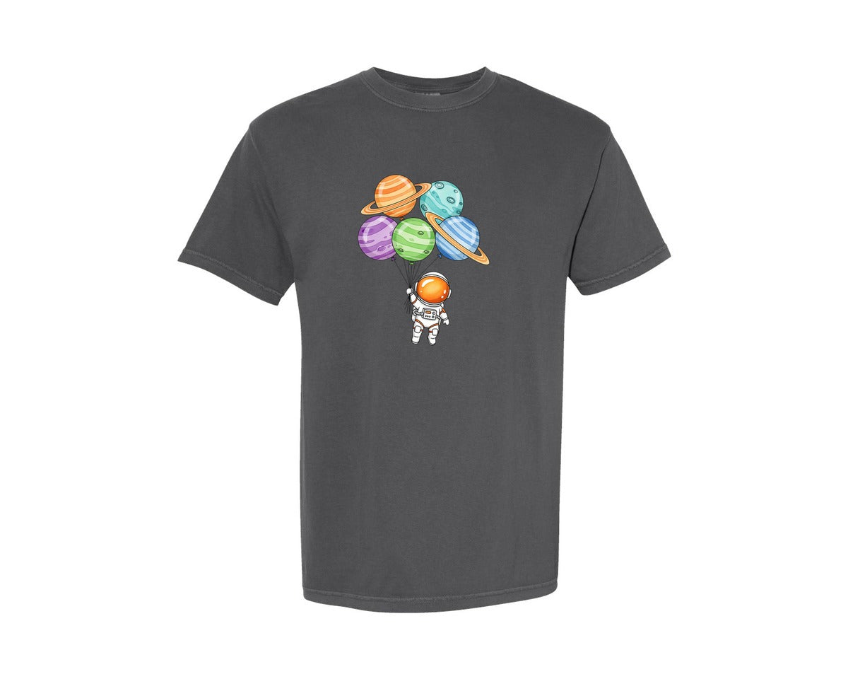 brand:Comfort Colors|color:Pepper|Astronaut Floating Planet Balloons Graphic T-Shirt