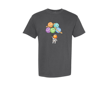 brand:Comfort Colors|color:Pepper|Astronaut Floating Planet Balloons Graphic T-Shirt