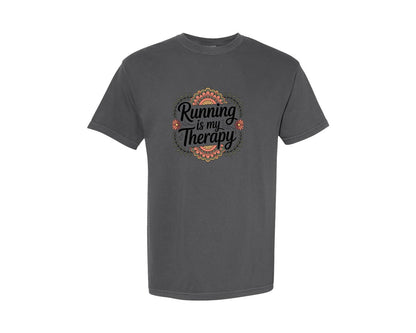 brand:Comfort Colors|color:Pepper|Running Is My Therapy Floral Fitness Graphic T-Shirt