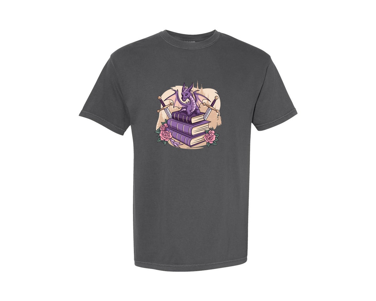 brand:Comfort Colors|color:Pepper|Purple Dragon On Fantasy Books 4 Graphic T-Shirt