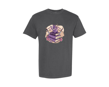 brand:Comfort Colors|color:Pepper|Purple Dragon On Fantasy Books 4 Graphic T-Shirt