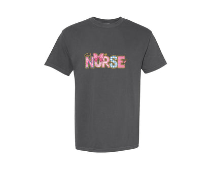 brand:Comfort Colors|color:Pepper|Hospital Nurse Coquette Bow Hearts Graphic T-Shirt