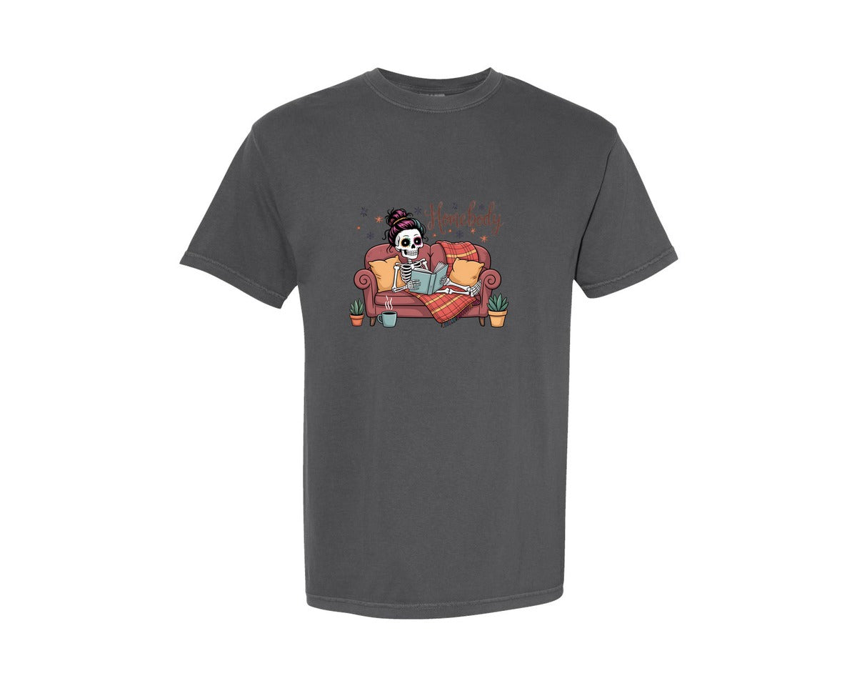 brand:Comfort Colors|color:Pepper|Homebody Skeleton Funny Introvert Graphic T-Shirt