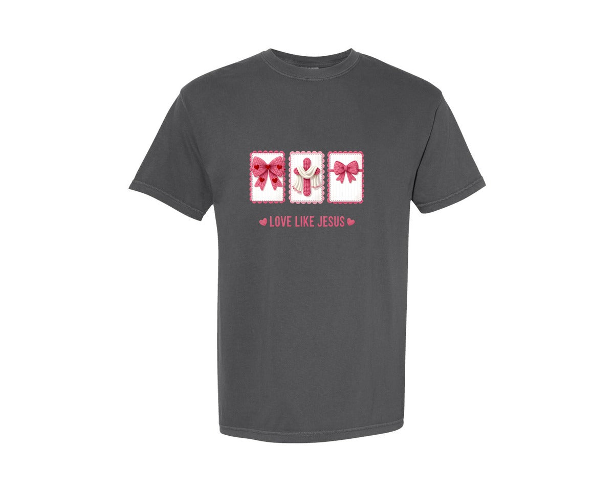 brand:Comfort Colors|color:Pepper|Crochet Bow Faith Panel Graphic T-Shirt