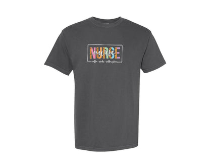 brand:Comfort Colors|color:Pepper|Colorful Leopard Print Nurse T Shirt Graphic T-Shirt