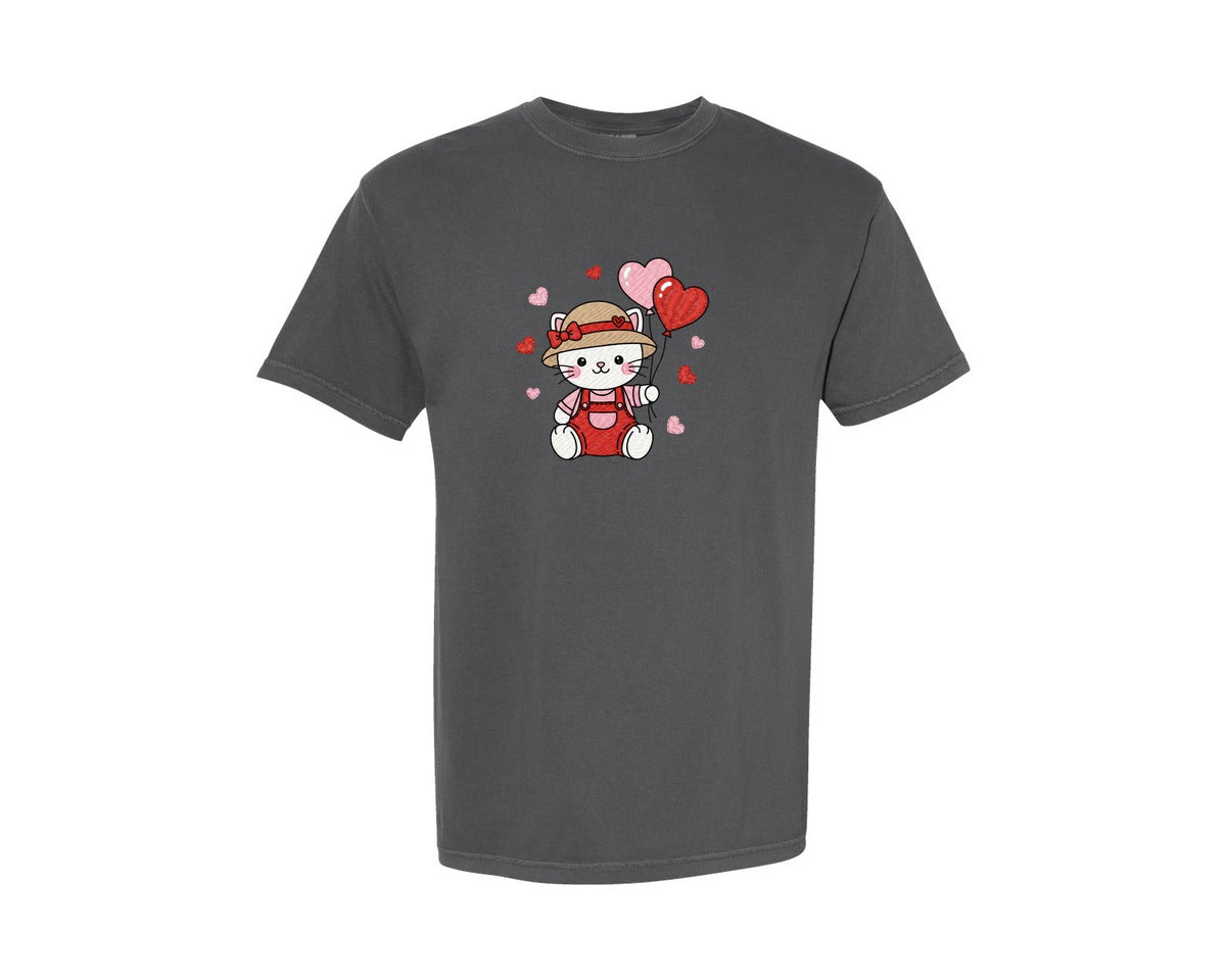 brand:Comfort Colors|color:Pepper|Cute Valentine Cat Embroidery Style Graphic T-Shirt