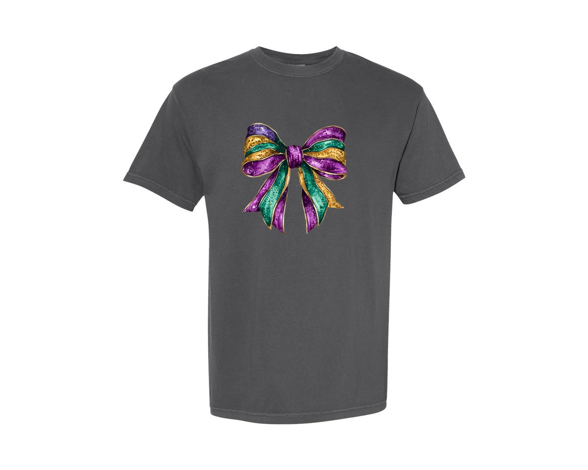 brand:Comfort Colors|color:Pepper|Mardi Gras Glitter Bow Design 2 Graphic T-Shirt