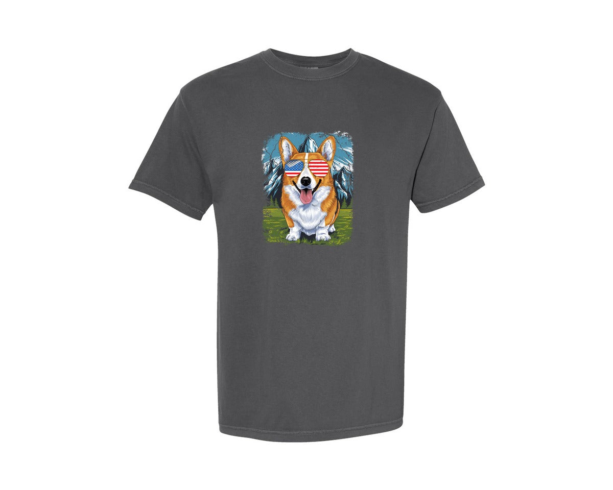 brand:Comfort Colors|color:Pepper|Corgi American Flag 4Th Of July Graphic T-Shirt