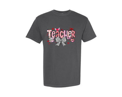 brand:Comfort Colors|color:Pepper|Valentine Teacher Coquette Bow Girly Graphic T-Shirt