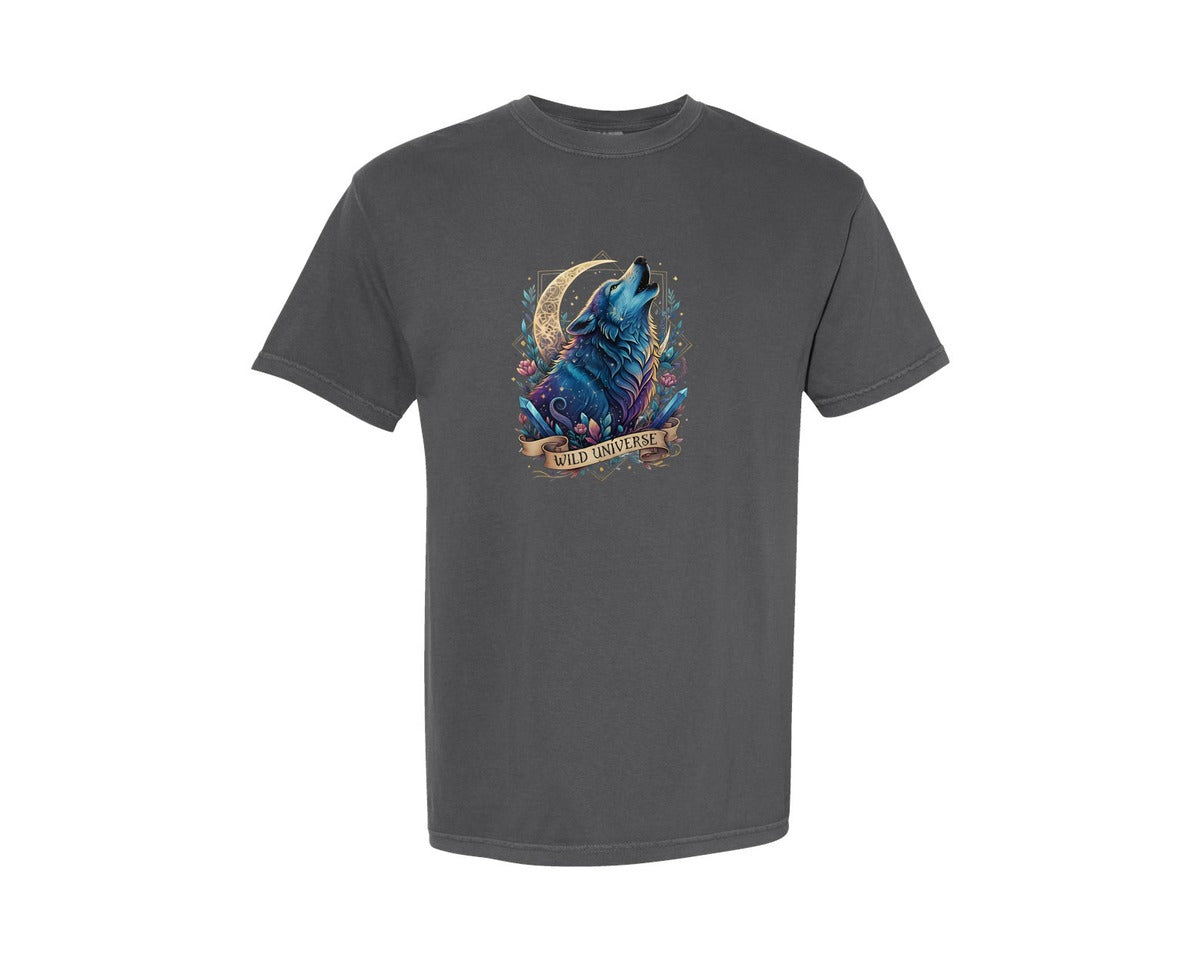 brand:Comfort Colors|color:Pepper|Celestial Wolf Moon T Shirt Wild Graphic T-Shirt
