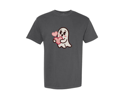 brand:Comfort Colors|color:Pepper|Cute Ghost With Hearts Embroidery Graphic T-Shirt