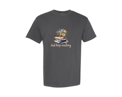 brand:Comfort Colors|color:Pepper|Just Keep Reading Retro Wild Flowers Graphic T-Shirt