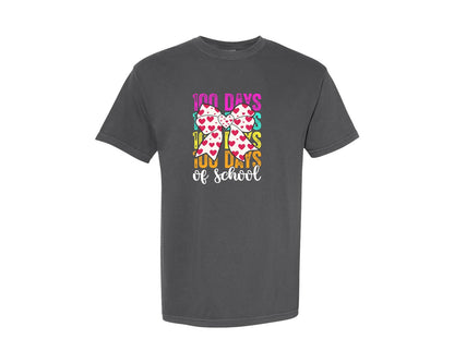 brand:Comfort Colors|color:Pepper|100 Days Of School Checkered Bow Graphic T-Shirt