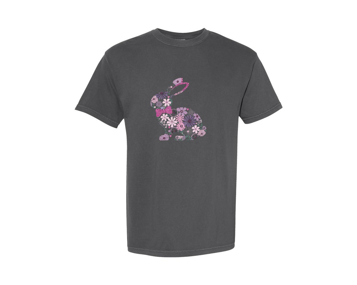 brand:Comfort Colors|color:Pepper|Elegant Floral Bunny Silhouette Art Graphic T-Shirt