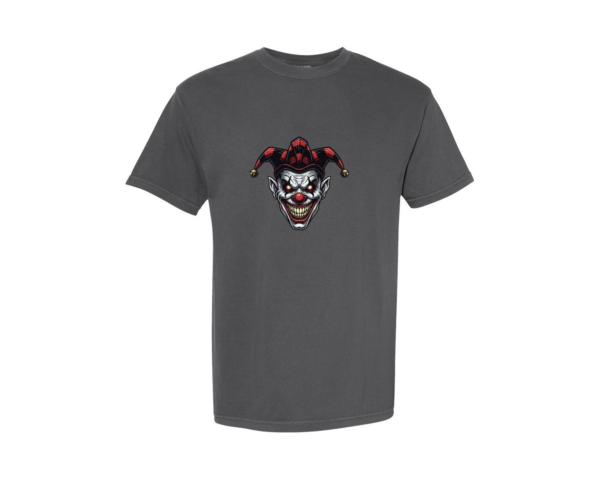 brand:Comfort Colors|color:Pepper|Illustration Of A Scary Clown With Hat Graphic T-Shirt