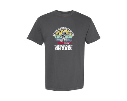 brand:Comfort Colors|color:Pepper|Never Underestimate An Old Man On Skis 5 Graphic T-Shirt
