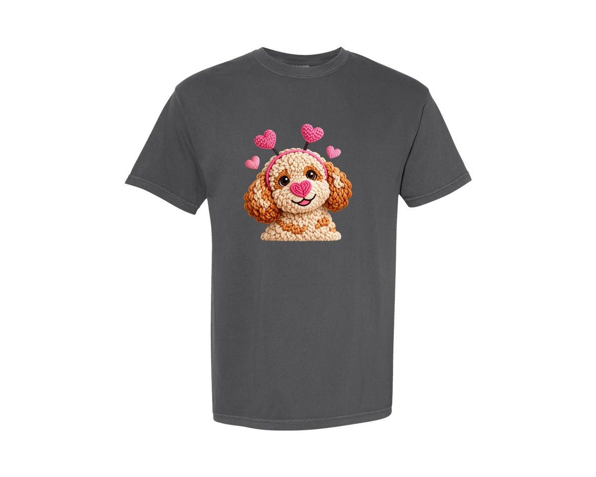 brand:Comfort Colors|color:Pepper|Faux Crochet Dog Valentines Day Graphic T-Shirt