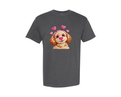 brand:Comfort Colors|color:Pepper|Faux Crochet Dog Valentines Day Graphic T-Shirt