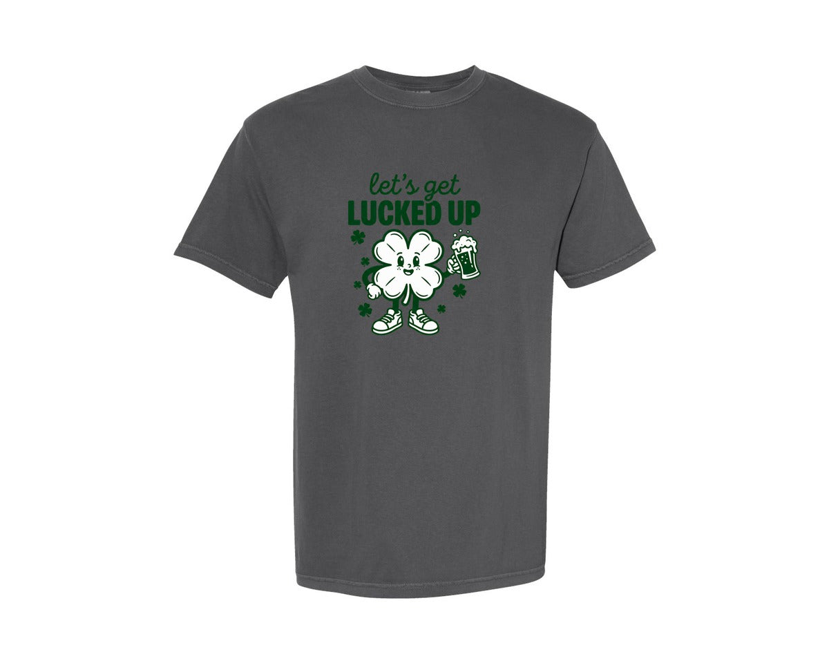 brand:Comfort Colors|color:Pepper|Lets Get Lucked Up Funny St Paddy Graphic T-Shirt