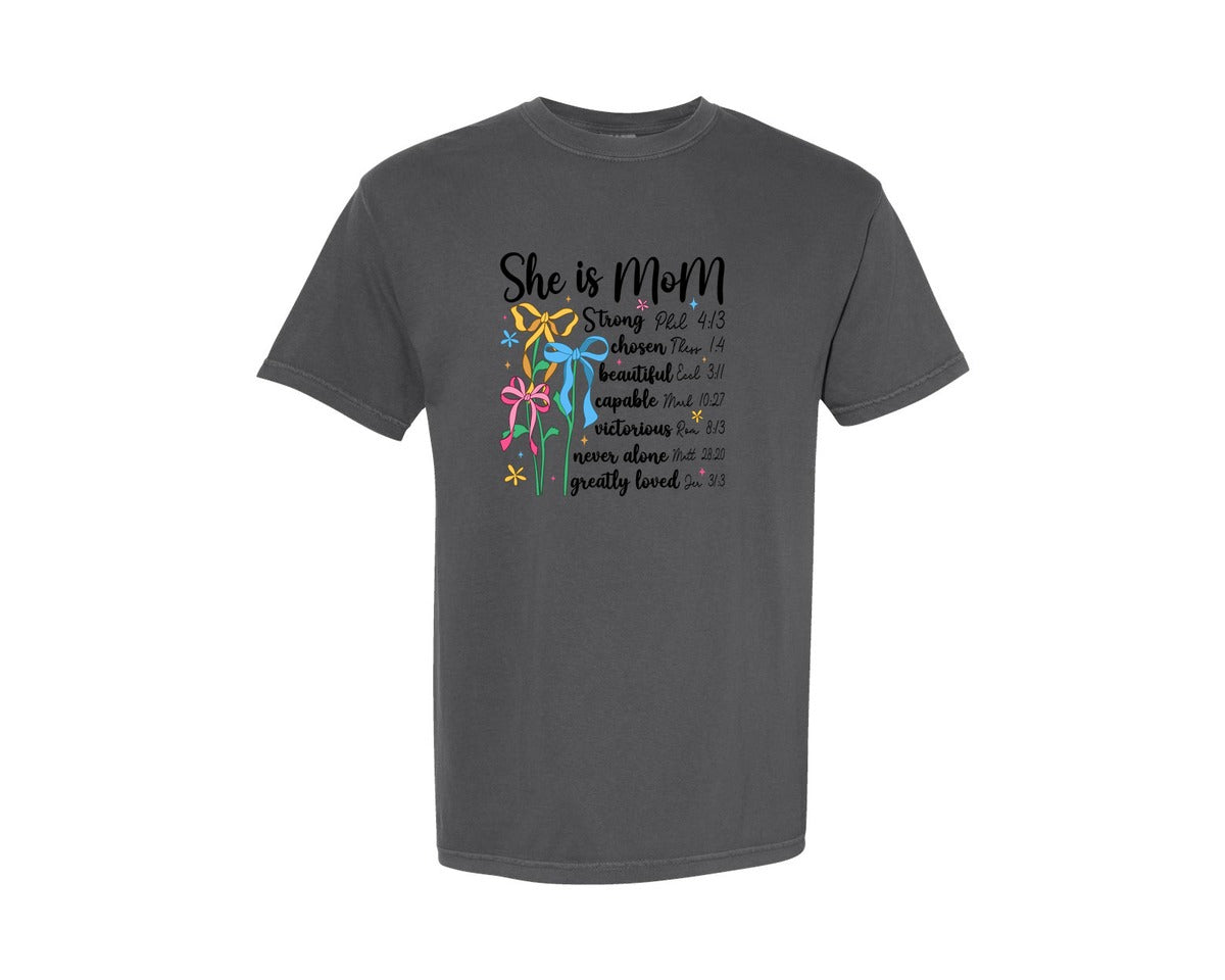 brand:Comfort Colors|color:Pepper|She Is Mom Bible Verse Graphic T-Shirt