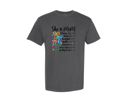 brand:Comfort Colors|color:Pepper|She Is Mom Bible Verse Graphic T-Shirt