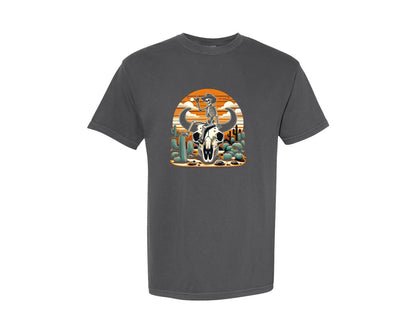 brand:Comfort Colors|color:Pepper|Cowboy Skeleton Bull Skull Desert Graphic T-Shirt
