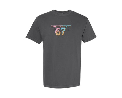 brand:Comfort Colors|color:Pepper|Dripping Ice Cream 67 Number Graphic T-Shirt