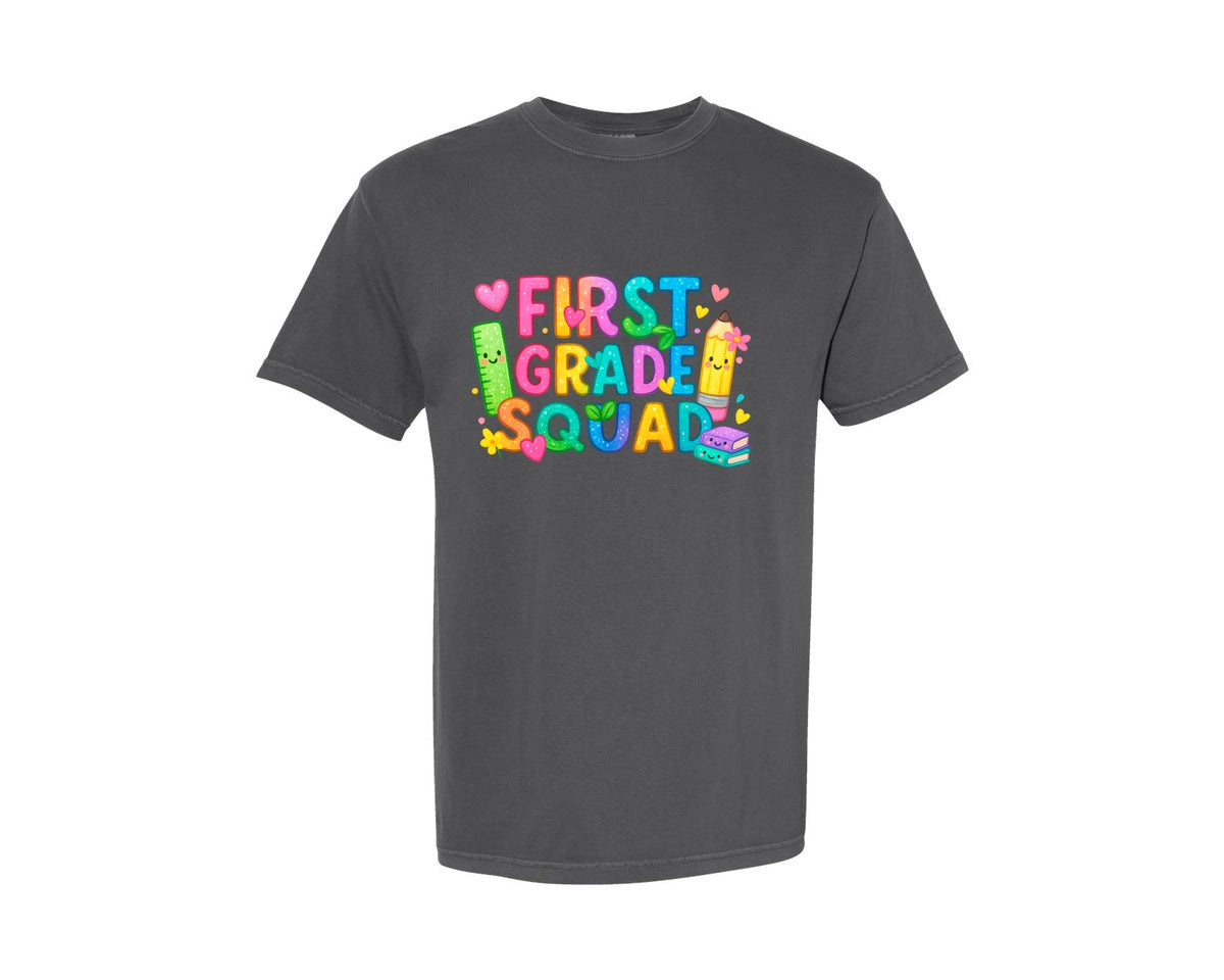 brand:Comfort Colors|color:Pepper|First Grade Squad Shirt And Mug Wrap Graphic T-Shirt