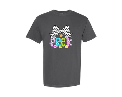 brand:Comfort Colors|color:Pepper|Pre K Teacher Coquette Neon Checkered Graphic T-Shirt