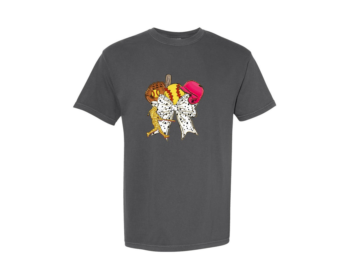 brand:Comfort Colors|color:Pepper|Glitter Softball Coquette Graphic T-Shirt