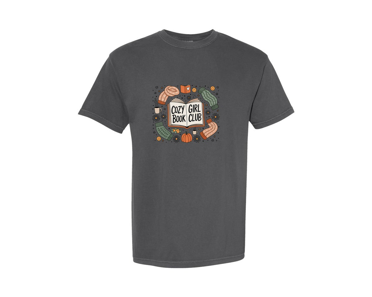 brand:Comfort Colors|color:Pepper|Cozy Girl Book Club Fall Design Graphic T-Shirt
