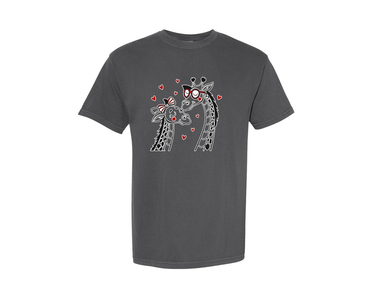 brand:Comfort Colors|color:Pepper|Valentine Giraffes With Glasses And Bow Graphic T-Shirt