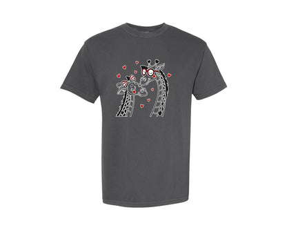 brand:Comfort Colors|color:Pepper|Valentine Giraffes With Glasses And Bow Graphic T-Shirt