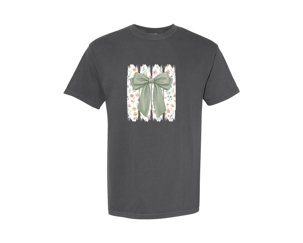 brand:Comfort Colors|color:Pepper|Sage Green Floral Bow Watercolor Graphic T-Shirt