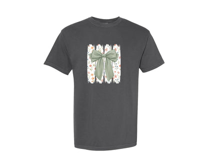brand:Comfort Colors|color:Pepper|Sage Green Floral Bow Watercolor Graphic T-Shirt