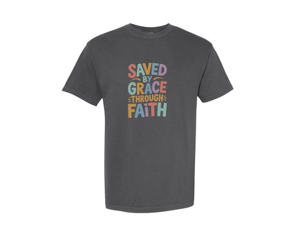 brand:Comfort Colors|color:Pepper|Saved By Grace Faith Cut File Graphic T-Shirt