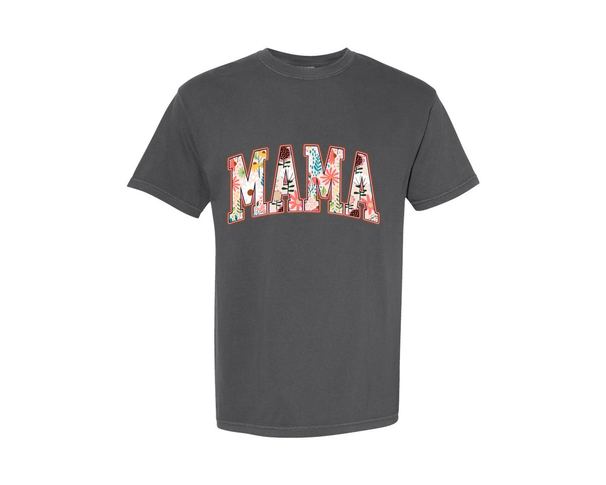 brand:Comfort Colors|color:Pepper|Mama Boho Flower Retro Varsity Graphic T-Shirt