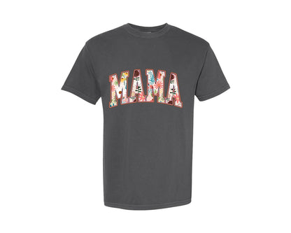 brand:Comfort Colors|color:Pepper|Mama Boho Flower Retro Varsity Graphic T-Shirt