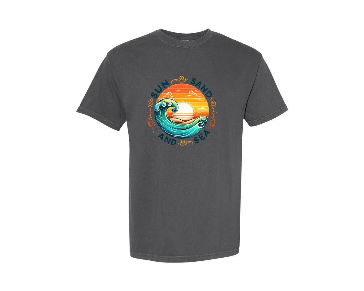 brand:Comfort Colors|color:Pepper|Retro Summer Sun Sand And Sea Wave Graphic T-Shirt