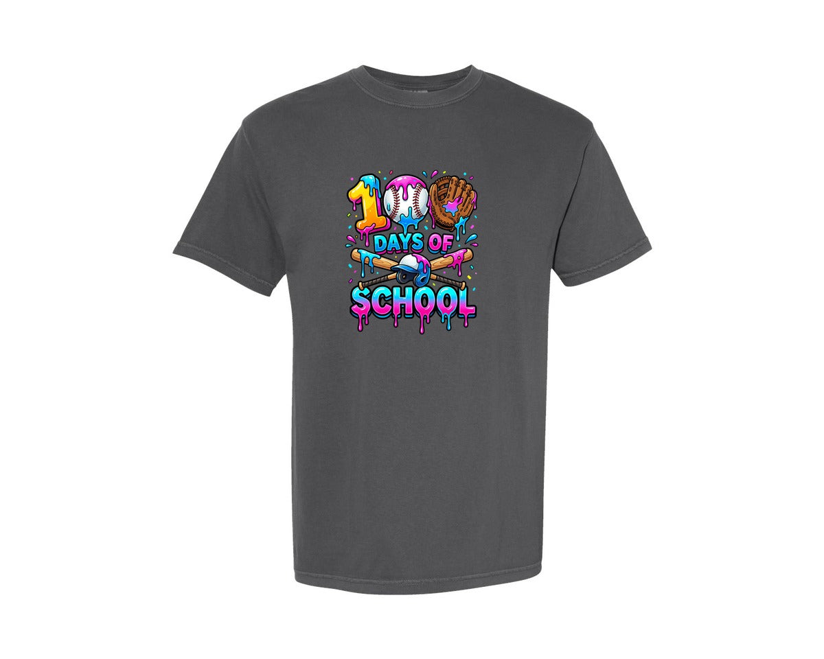 brand:Comfort Colors|color:Pepper|100 Days Colorful Dripping Baseball Graphic T-Shirt