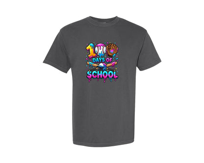 brand:Comfort Colors|color:Pepper|100 Days Colorful Dripping Baseball Graphic T-Shirt