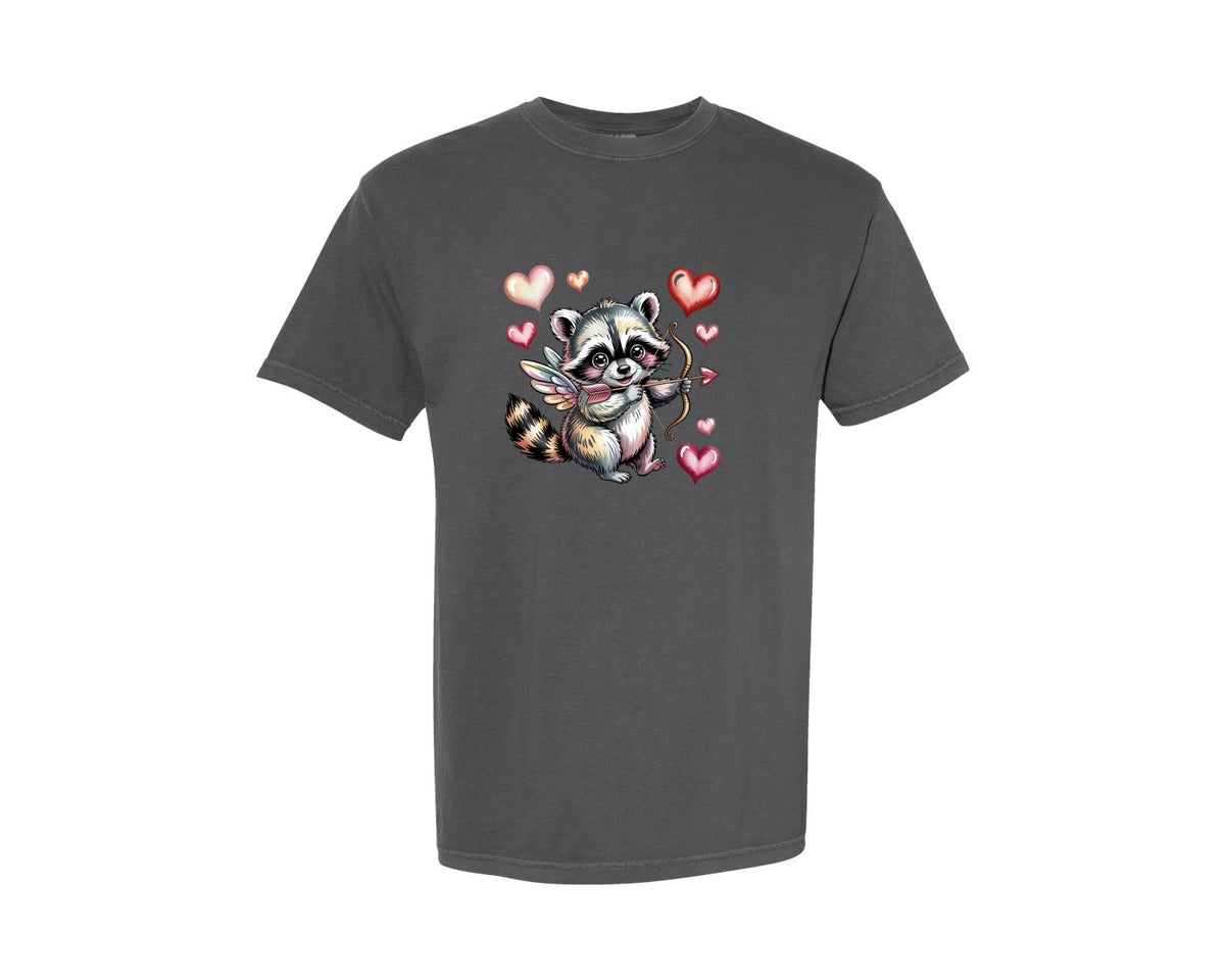 brand:Comfort Colors|color:Pepper|Cupid Raccoon Valentines Day Design Graphic T-Shirt
