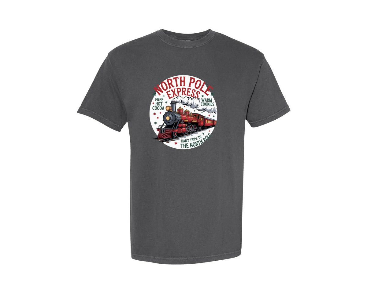 brand:Comfort Colors|color:Pepper|Retro North Pole Train Christmas Graphic T-Shirt