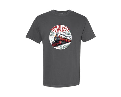 brand:Comfort Colors|color:Pepper|Retro North Pole Train Christmas Graphic T-Shirt