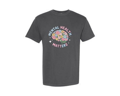 brand:Comfort Colors|color:Pepper|Mental Health Matters Floral Brain Graphic T-Shirt