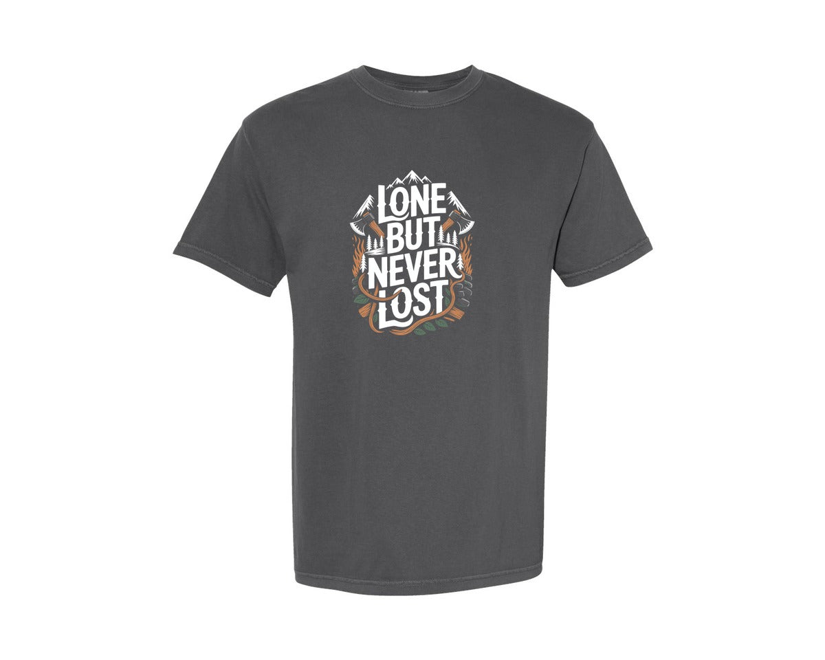 brand:Comfort Colors|color:Pepper|Lone But Never Lost Wilderness Design Graphic T-Shirt