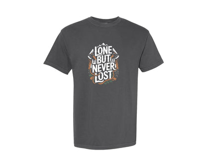 brand:Comfort Colors|color:Pepper|Lone But Never Lost Wilderness Design Graphic T-Shirt