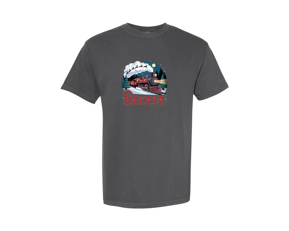 brand:Comfort Colors|color:Pepper|Believe North Pole Christmas Train Graphic T-Shirt