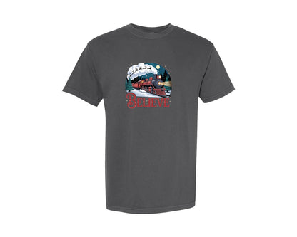 brand:Comfort Colors|color:Pepper|Believe North Pole Christmas Train Graphic T-Shirt